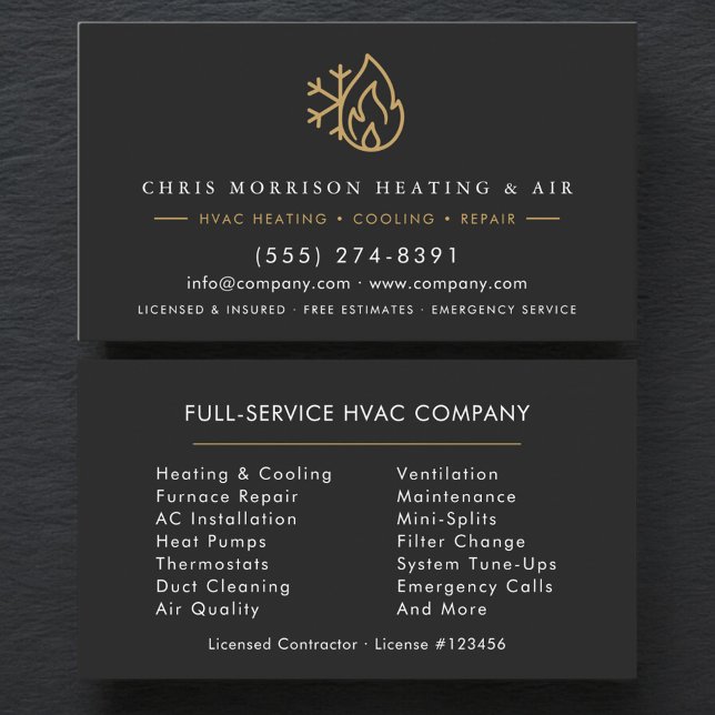 Modern HVAC Services Company Black Gold  Business Card (Creator Uploaded)