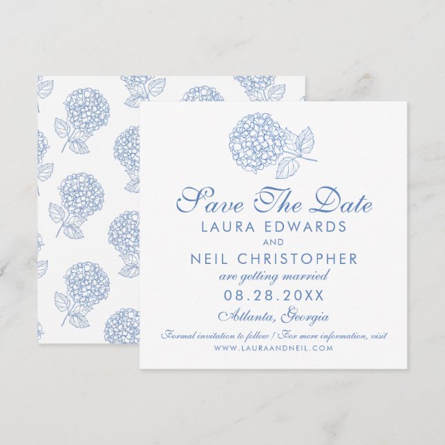 Modern Hydrangea Dusty Blue Floral Wedding Save The Date (Front/Back)