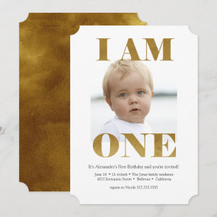 Modern "I AM ONE" Gold 1st Birthday Invitation
