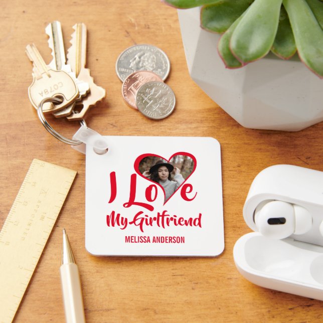 Modern I Love My Girlfriend | Heart Photo Key Ring (Desk)