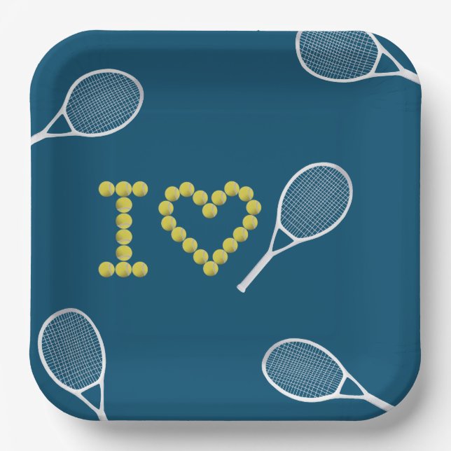 Modern I Love Tennis Blue Paper Plate (Front)