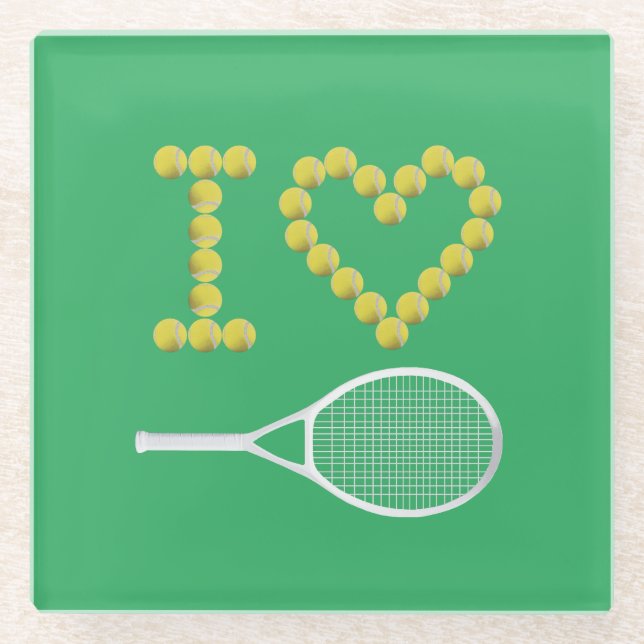 Modern I Love Tennis Green Glass Coaster (Front)