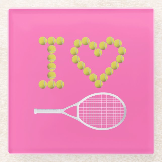 Modern I Love Tennis Pink Glass Coaster (Front)