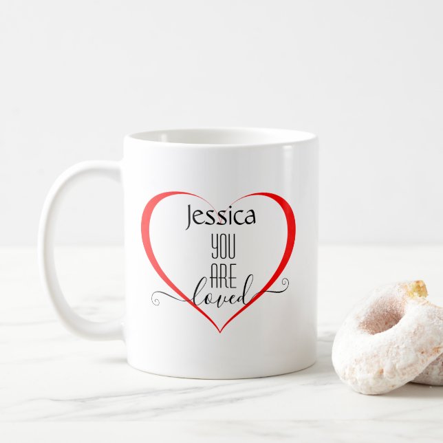 Modern I Love You Simple Heart Personalise Monogrm Coffee Mug (With Donut)