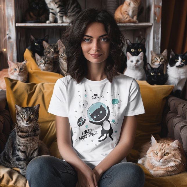 Modern I Need More Space Black Cat Cartoon T-Shirt (You'll be over the moon with this quirky shirt featuring a black cat in space.)