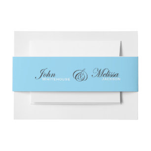 modern ice blue wedding couple names invitation belly band