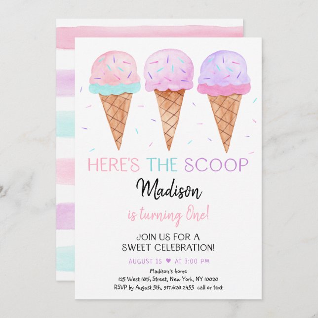 Modern Ice Cream Here's The Scoop Birthday Invitation (Front/Back)