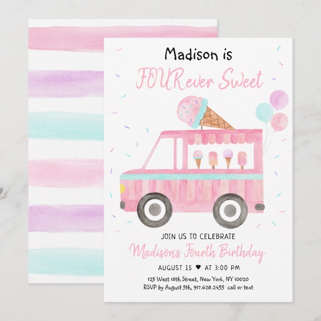 Modern Ice Cream Truck FOUR ever Sweet Birthday Invitation (Front/Back)