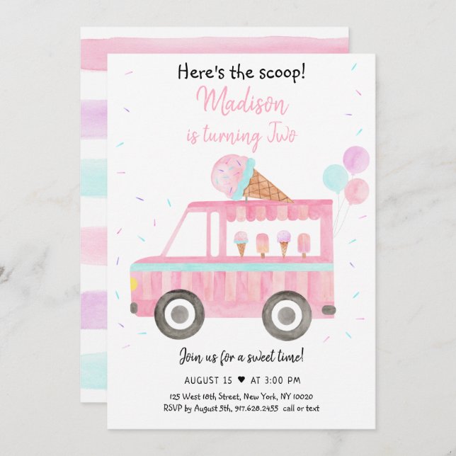 Modern Ice Cream Truck Here's The Scoop Birthday  Invitation (Front/Back)