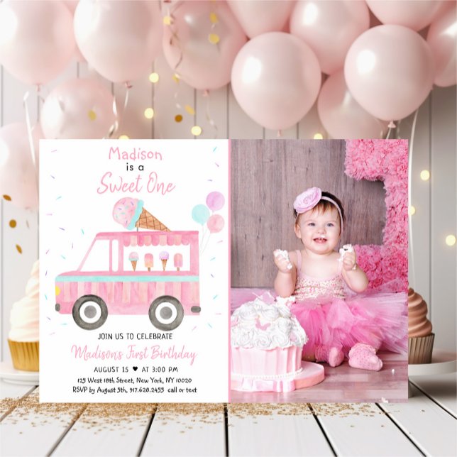 Modern Ice Cream Truck Sweet One Birthday Invitation (Creator Uploaded)