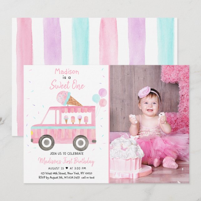 Modern Ice Cream Truck Sweet One Birthday Invitation (Front/Back)