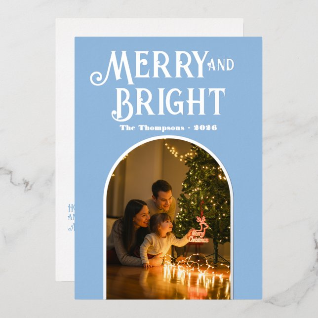 Modern Icy Blue & Silver Christmas Photo Foil Holiday Card (Front/Back)