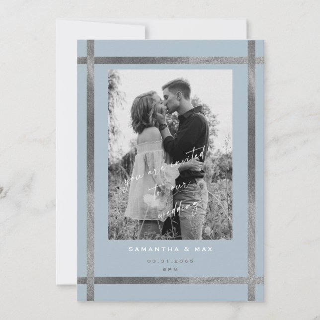 Modern Icy Blue & Silver Photo Wedding  Invitation (Front)