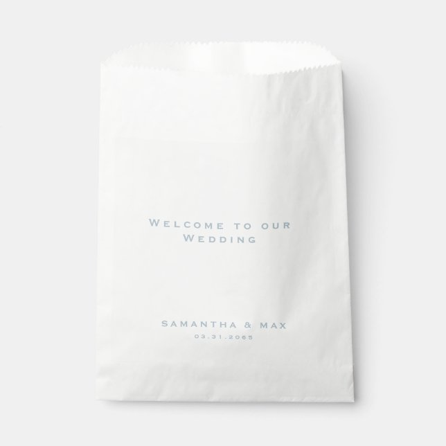 Modern Icy Blue Text White Wedding Welcome Favour Bags (Front)