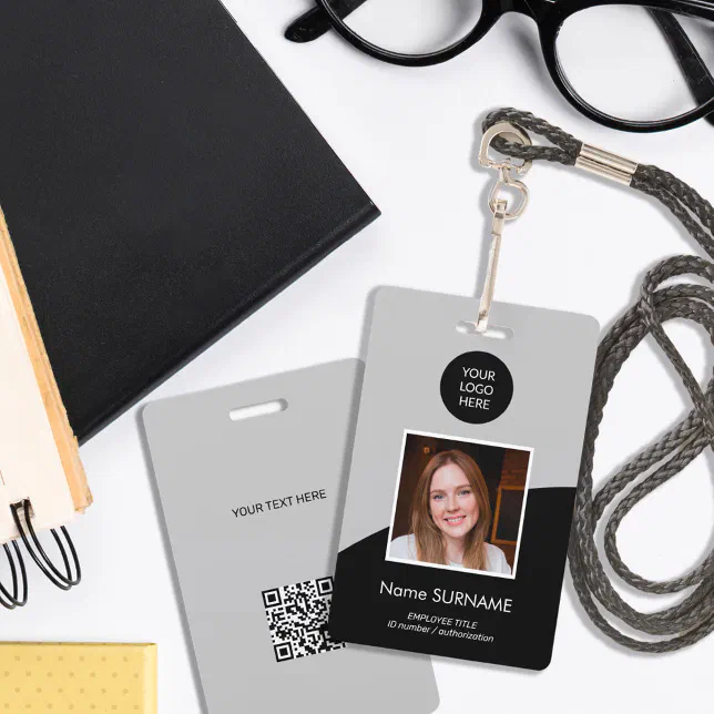 Modern ID card custom logo photo QR code grey ID Badge | Zazzle