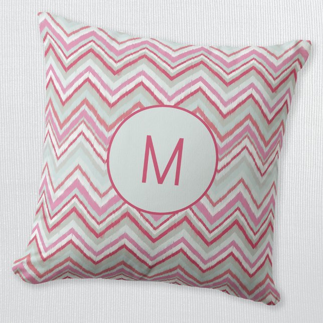 Modern Ikat Chevron Stripe Monogram Initial Cushion (Modern Ikat zigzag chevron pattern monogram initial personalized pastel green pink throw pillow)