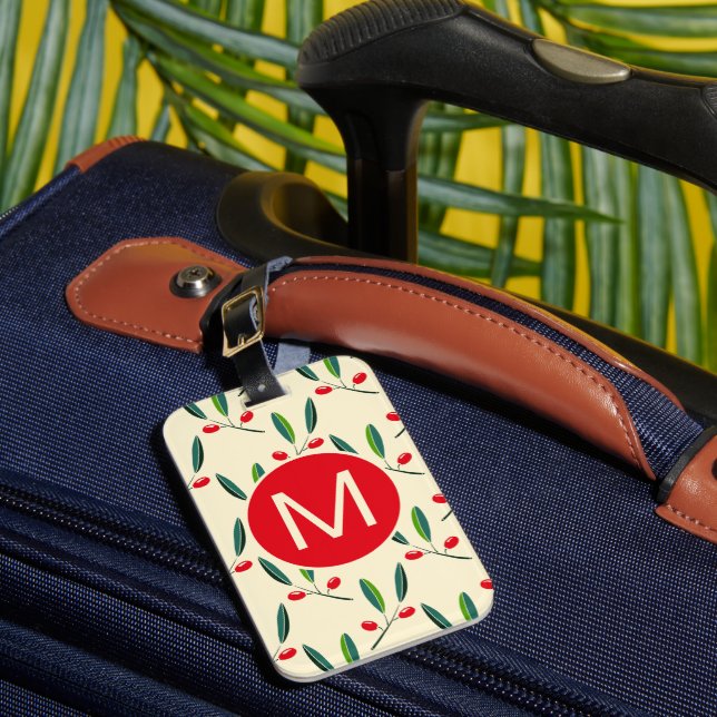 Modern Illustrated Red Berries Pattern Monogram Luggage Tag (Front Insitu 1)