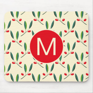 Modern Illustrated Red Berries Pattern Monogram Mouse Mat