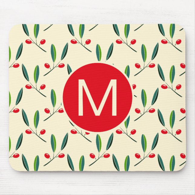 Modern Illustrated Red Berries Pattern Monogram Mouse Mat (Front)