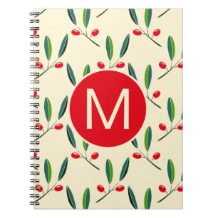 Modern Illustrated Red Berries Pattern Monogram Notebook