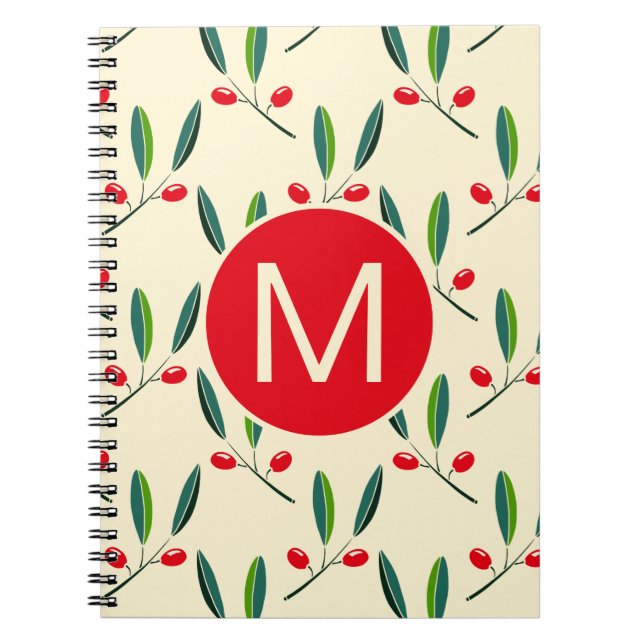 Modern Illustrated Red Berries Pattern Monogram Notebook (Front)