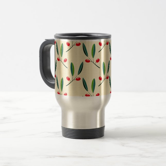 Modern Illustrated Red Berries Pattern Travel Mug (Front Left)