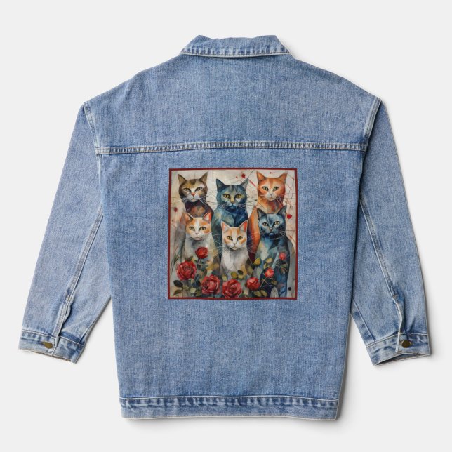 Modern Illustration Of Six Cats and Roses Denim Jacket (Back)