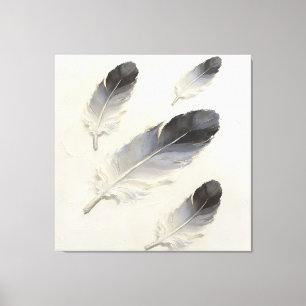Modern Impasto Textured Black and Grey Feather Oil Canvas Print