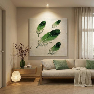 Modern Impasto Textured Green Feather Oil Art Canvas Print