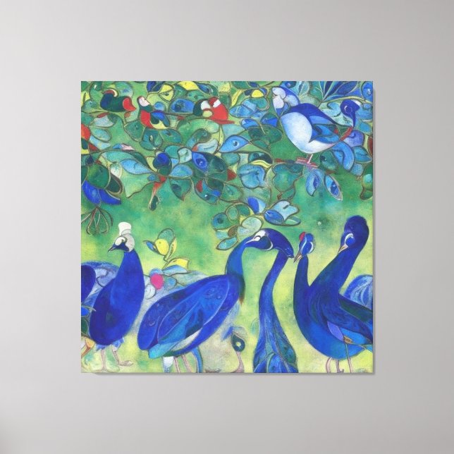 Modern Impressionist Blue Peacocks on Canvas Print (Front)