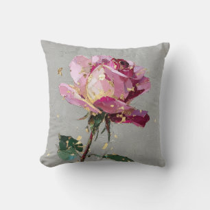 Modern Impressionist Gold Leaf Pink Rose Oil Paint Cushion