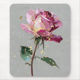 Modern Impressionist Gold Leaf Pink Rose Oil Paint Mouse Mat