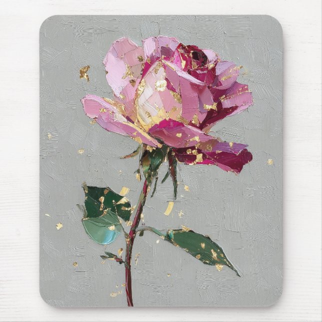 Modern Impressionist Gold Leaf Pink Rose Oil Paint Mouse Mat (Front)