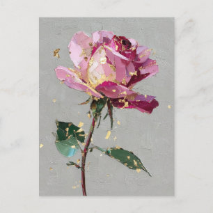 Modern Impressionist Gold Leaf Pink Rose Oil Paint Postcard