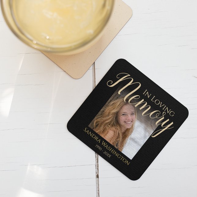 Modern In Loving Memory | Photo Memorial Square Paper Coaster (Creator Uploaded)