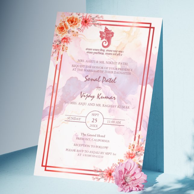 Modern Indian Hindu Wedding Ganesha Floral Marble Invitation (Creator Uploaded)