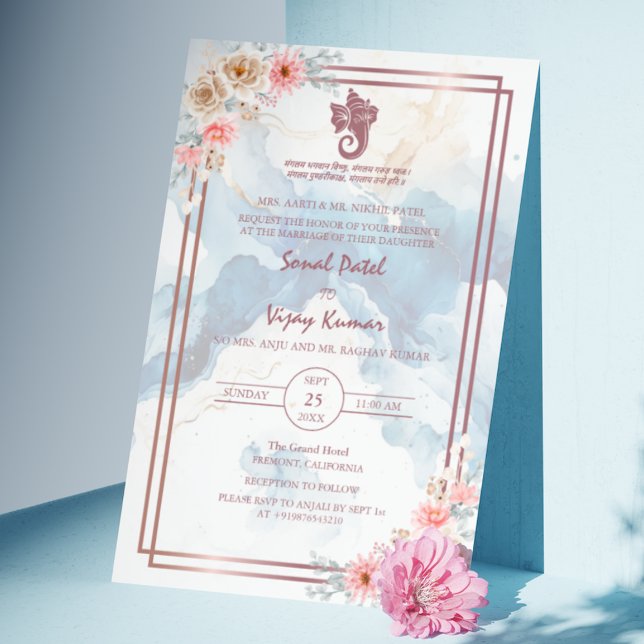 Modern Indian Hindu Wedding Ganesha Floral Marble Invitation (Creator Uploaded)