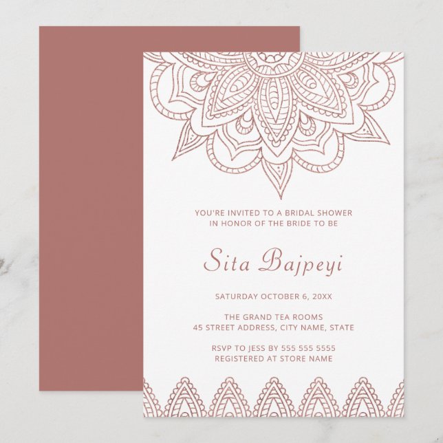 Modern Indian Rose Gold Mehndi Hindu Bridal Shower Invitation (Front/Back)