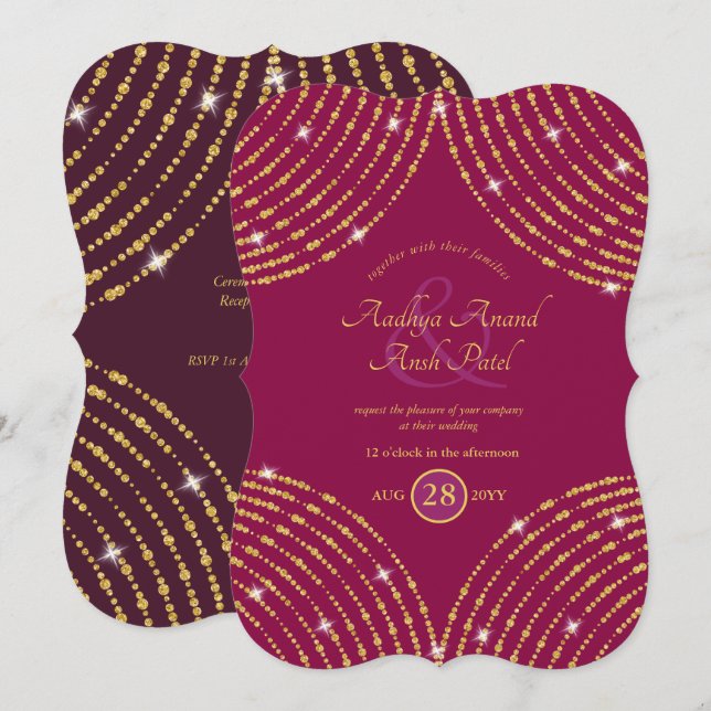 Modern Indian Wedding Pink Cerise Purple Gold Invitation (Front/Back)