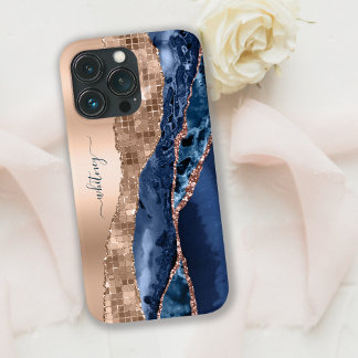 Modern Indigo Blue Agate & Rose Gold Confetti Leaf iPhone 13 Pro Case
