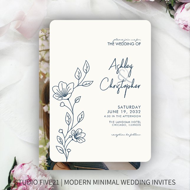 Modern Indigo Blue Foliage Outline Photo Wedding Invitation (Creator Uploaded)