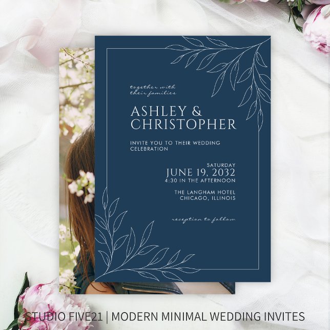 Modern Indigo Blue Foliage Outline Photo Wedding Invitation (Creator Uploaded)