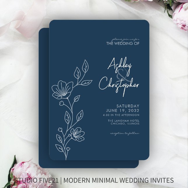 Modern Indigo Blue Foliage Outline Wedding Invitation (Creator Uploaded)