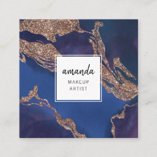 Modern Indigo Blue Gold Marble Makeup Artist Square Business Card