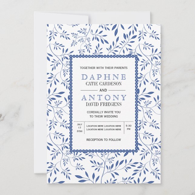 Modern indigo blue leaves pattern wedding invitation (Front)