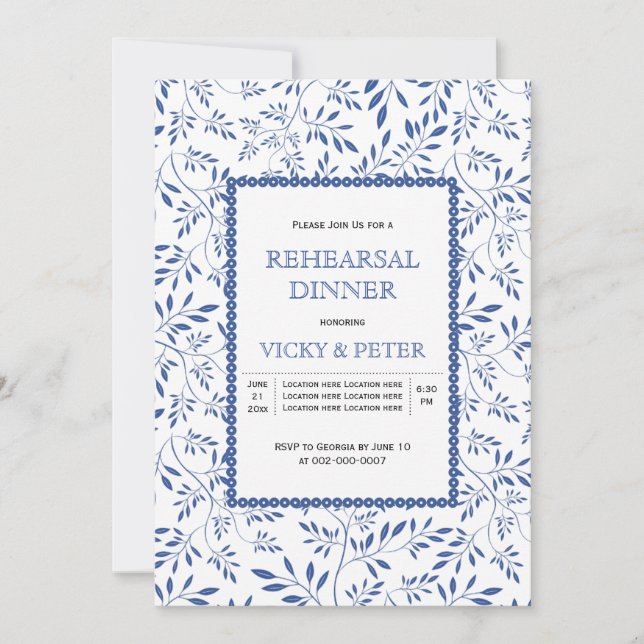 Modern indigo blue leaves wedding rehearsal dinner invitation (Front)
