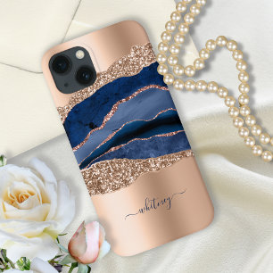 Modern Indigo-Blue Marble Agate Rose Gold Glitter iPhone 13 Case