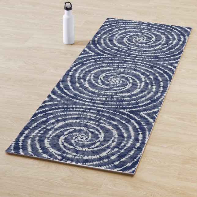 Modern Indigo Blue Spiral Pattern Shibori Yoga Mat (In Situ)