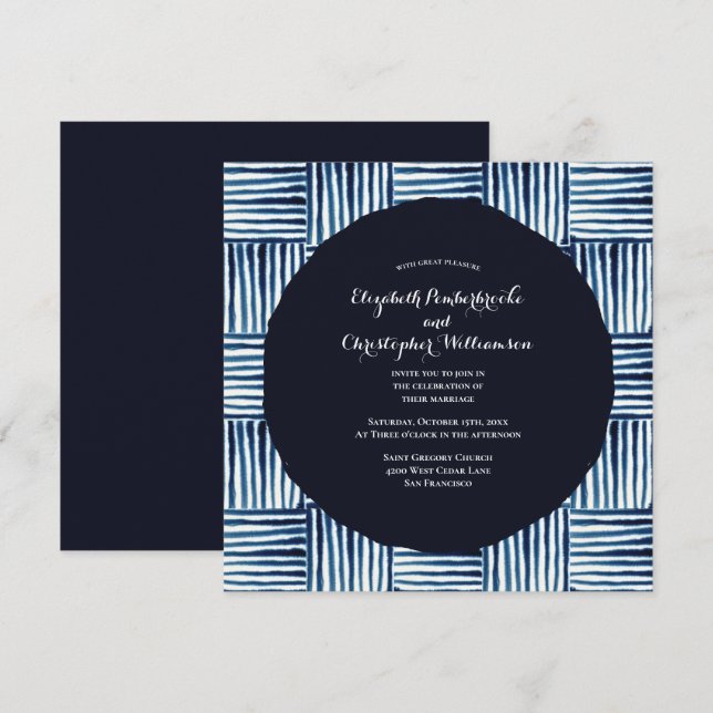 Modern Indigo Blue Stripe Watercolor Wedding Invitation (Front/Back)