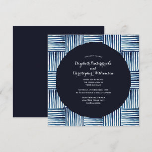 Modern Indigo Blue Stripe Watercolor Wedding Invitation
